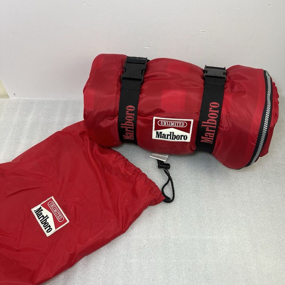 Vtg 90s MARLBORO UNLIMITED Sleeping Bag Bed Roll Red/Black PLAID FLEECE NEW
